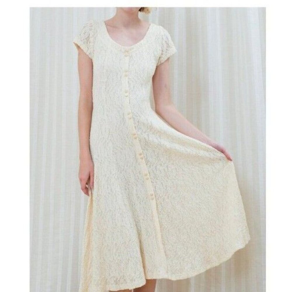 Vintage 90s Classique Shawn One Size Dress Floral Lace Button Midi Cottagecore